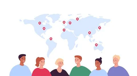 Multiethnic group of people on world map with red pinpoint Stock Illustration