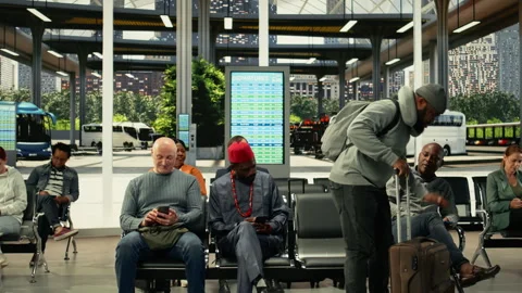 Multiethnic group of travelers talking about route waiting in bus station Stock Footage 334724253