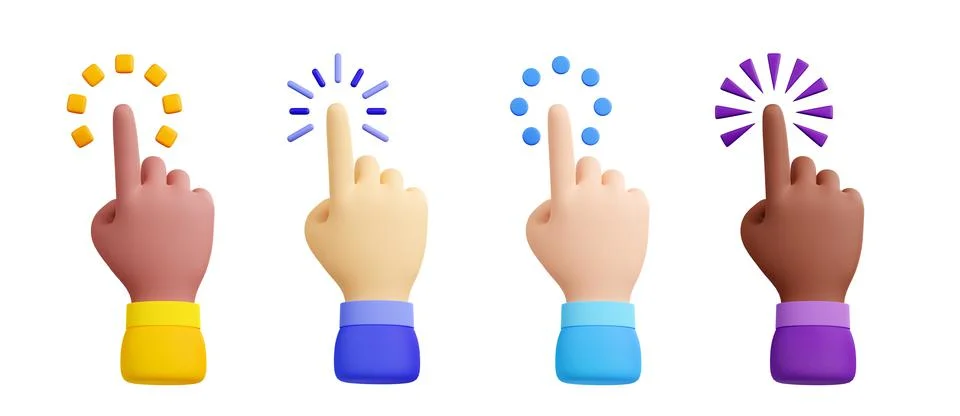 Multiethnic hands pushing button 3D set Stock Illustration