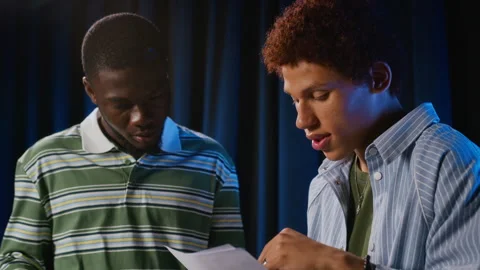 Multiethnic Male Actors Rehearsing Script on Theater Stage Stock-Footage 344520099