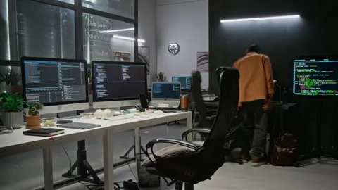 Multiethnic Male Developers Coding Software on Multiple Monitors in Office 스톡 동영상 348371674