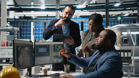 Multiethnic master engineers doing teamwork on high tech production line 스톡 사진