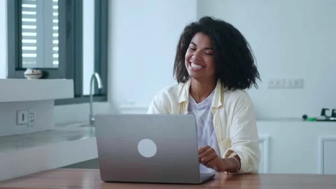 Multiethnic overjoyed cute woman, freelancer, entrepreneur, young student Stock Footage 202877341