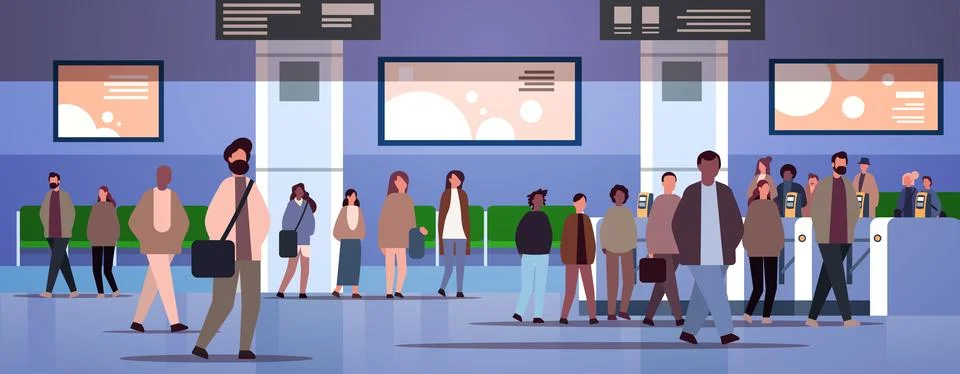 Multiethnic people group at automatic fare gate of subway public transport Stock Illustration
