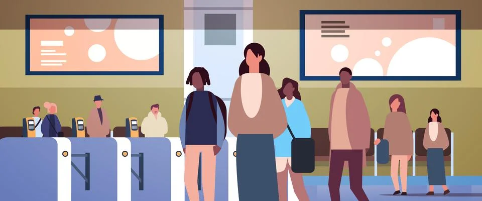 Multiethnic people group at automatic fare gate of subway public transport Stock Illustration