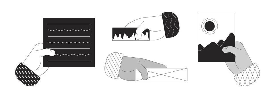 Multiethnic people hands holding elements outline illustrations set Stock Illustration