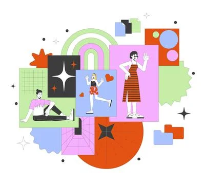 Multiethnic people having fun 2D linear illustration concept Stock Illustration