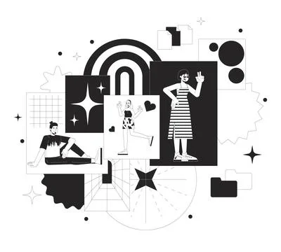Multiethnic people having fun black and white 2D illustration concept Stock Illustration