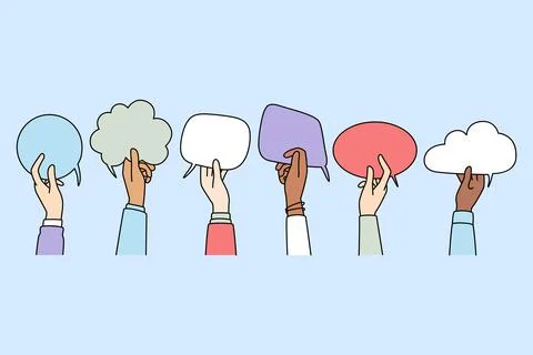 Multiethnic people hold speech bubbles communicate online Stock Illustration