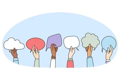Multiethnic people hold speech bubbles communicate online Stock Illustration