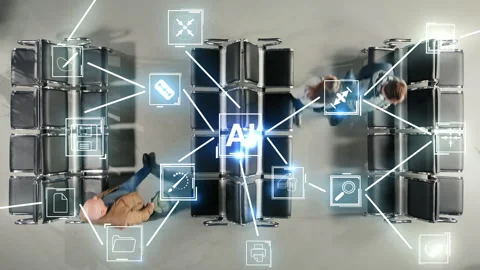 Multiethnic people walking in airport using AI model to analyze movement pattern Stock Footage 334935558