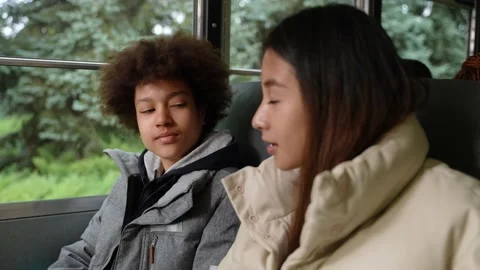 Multiethnic pupils talking while riding school bus Video stock 169650698