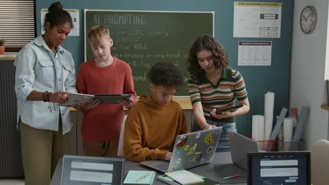 Multiethnic School Students Working on Artificial Intelligence Projects Stock Footage 318718656