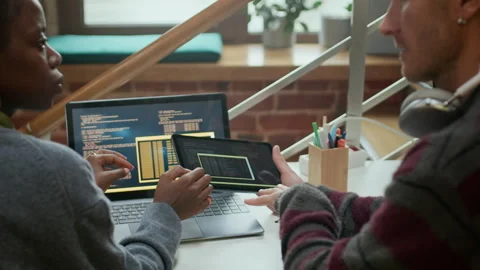 Multiethnic Software Engineers Brainstorming Ideas for IT Startup Stock Footage 319998633