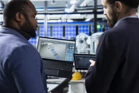 Multiethnic solar panel engineering team shares data insights in factory Stock Photos