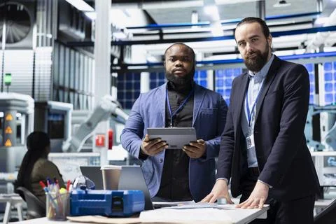 Multiethnic solar panel engineering team shares data insights in factory Stock Photos