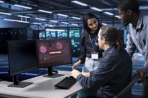 Multiethnic staff members in data center trying to fix security breach alert Stock Photos