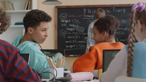 Multiethnic Students Chatting during Programming Lesson Stock Footage 248532590