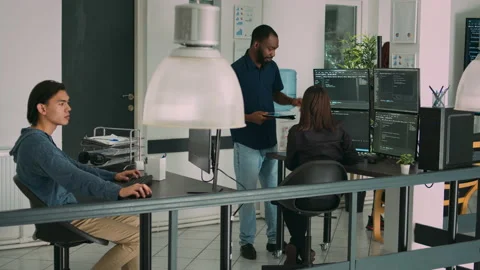 Multiethnic team of app developers collaborating on group project Stock Footage 227614638