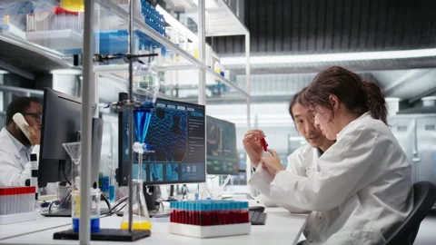 Multiethnic team of clinical laboratory technologists reviewing blood data Stock Footage 320147155