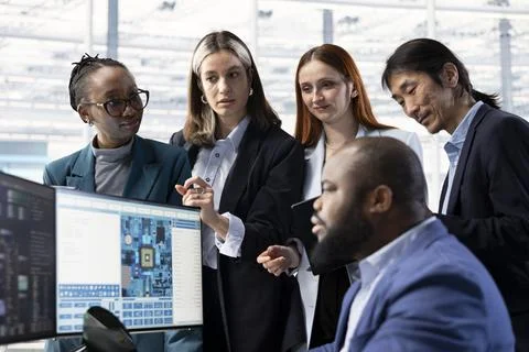 Multiethnic team configuring PCB electronic hardware setups using computer Stock Photos