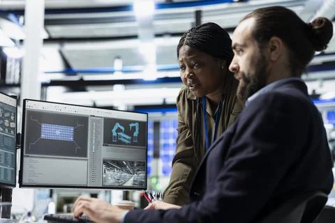 Multiethnic team of engineering specialists working together Stock Photos