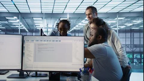 Multiethnic team of engineers working in high tech server hub, 스톡 사진