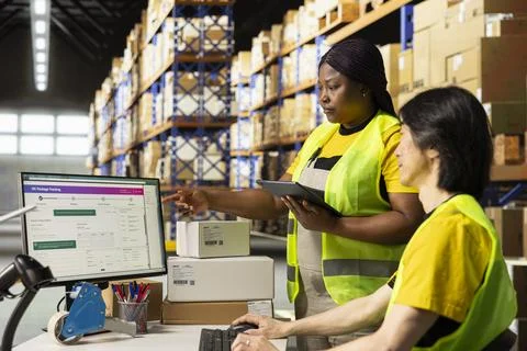 Multiethnic team handling order processing and tracking with awb numbers Foto stock