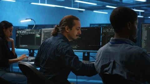 Multiethnic team working together, doing programming in high tech workspace Stock-Fotos