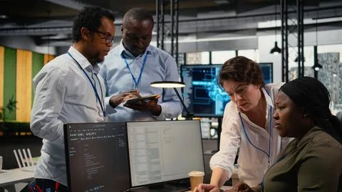 Multiethnic technicians in startup office work with artificial intelligence Stock Photos