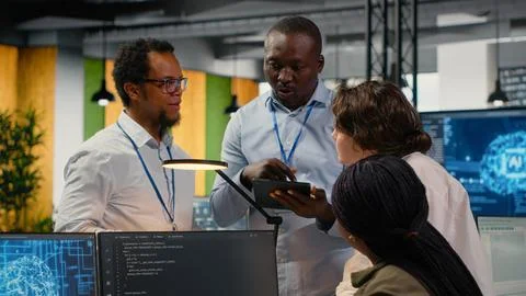 Multiethnic technicians use devices in AI startup to train predictive models 写真素材
