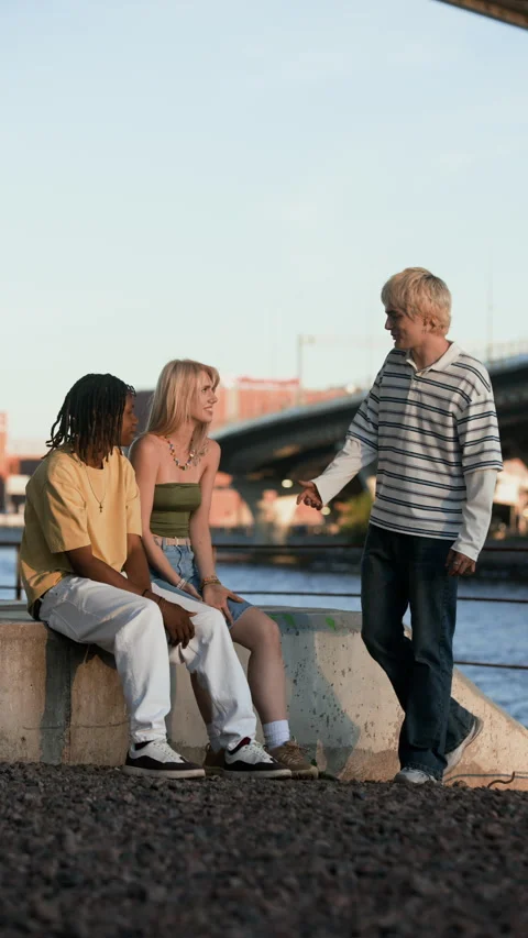 Multiethnic Teenagers Chatting, Having Fun Outdoors near River Stock Footage 343852452