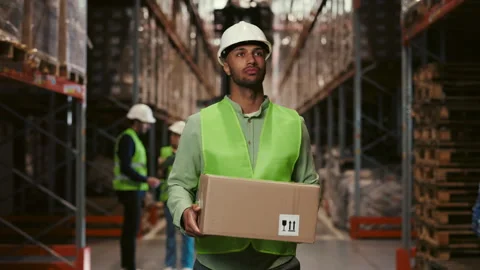 Multiethnic Worker is Walking Holding Cardboard Box in Warehouse Stock Footage 249128390