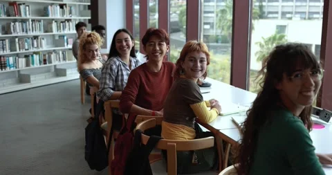 Multiethnic young students learing together inside school library Stock Footage 203722110