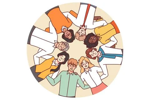 Multiethnische Menschen stehen im Kreis und zeigen Einheit Multiethnische ... Stock Photos