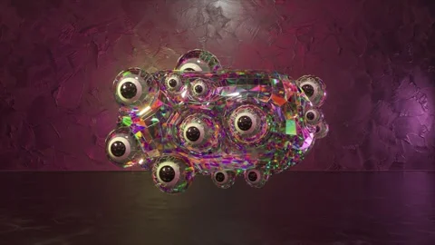 Multifaceted crystal shape with many eyes is hovering slightly above a dark Stockbeeldmateriaal 292884624