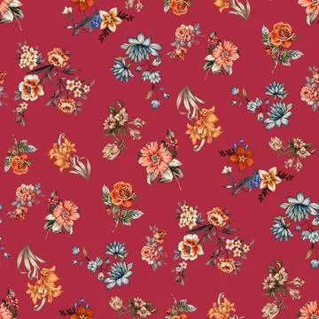 Multi,Floral,Seamless,Pattern,With,Abstract,Red,Background.,Design,For Stock Illustration