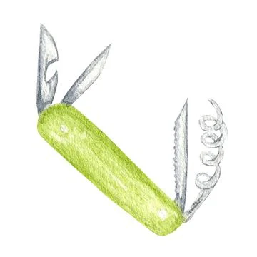 Multifunction knife icon, pocket knife watercolor drawing, Swiss knife Stock Illustration
