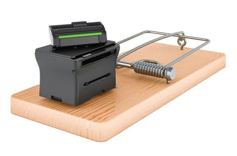 Multifunction laser printer MFP inside mousetrap, 3D rendering Stock Illustration