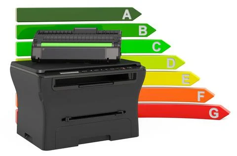 Multifunction printer MFP with energy efficiency chart, 3D rendering Stock Illustration