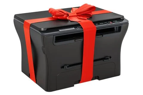 Multifunction printer MFP with ribbon and bow, gift concept. 3D rendering Stock Illustration