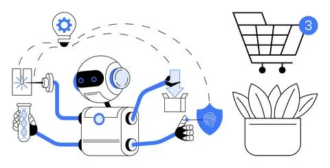 Multifunction Robot Performing Tasks Shopping, Science, Packaging, Security.. Stock Illustration