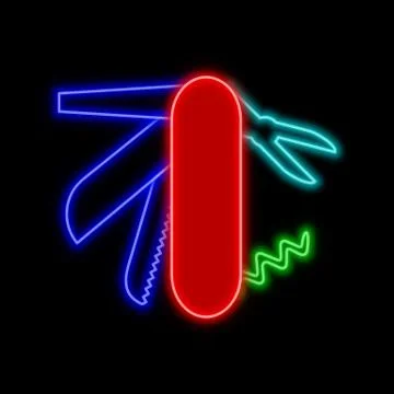 Multifunctional knife, multitool neon sign. Bright glowing symbol on a black  Stock Illustration