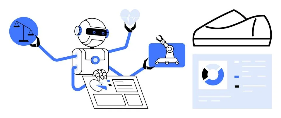 Multifunctional Robot Analyzing Data and Performing Tasks with Advanced Tec.. Stock Illustration