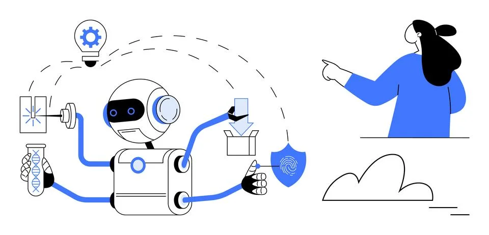 Multifunctional Robot Assisting in Various Tasks with Supervision Stockillustratie