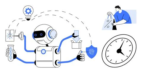 Multifunctional robot with multiple arms handling different tasks including l Stock Illustration
