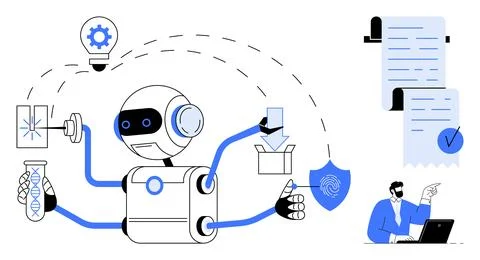 Multifunctional Robot in Office and Laboratory Setting with Tech Items Stockillustratie