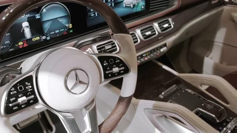 Multifunctional steering wheel and digital dashboard of Maybach GLS. Stock Footage 222174547