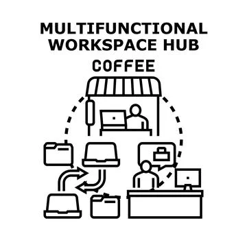 Multifunctional workspace hub connecting people and data Stock Illustration