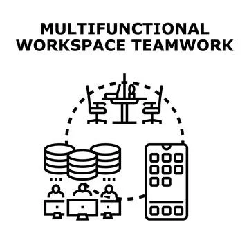 Multifunctional workspace teamwork concept with digital collaboration Stock Illustration